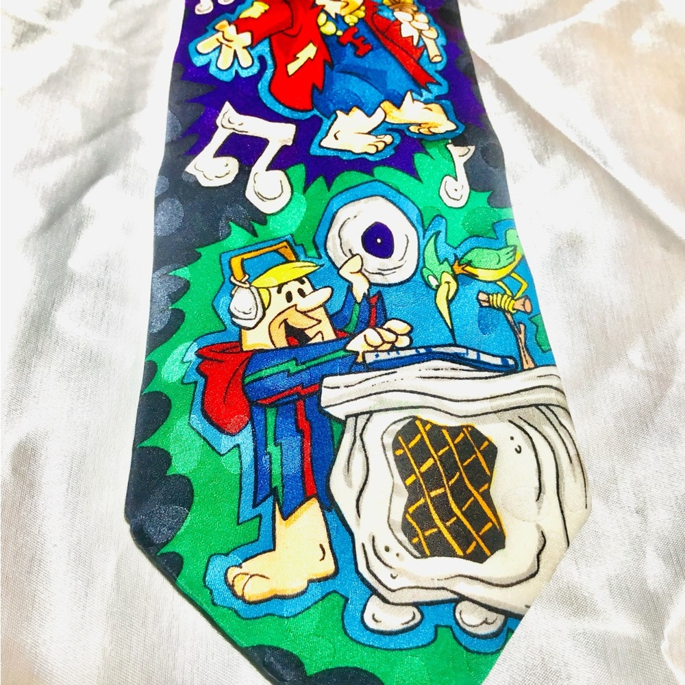 Fred & Barney Flinstone Music party Necktie Tie green,blue,yellow,black